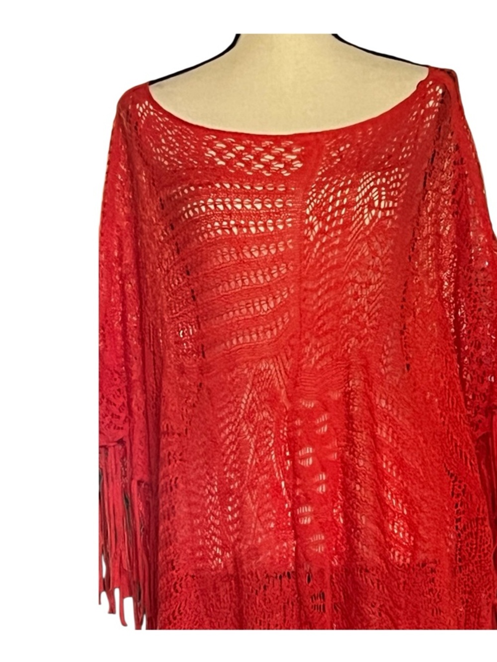 Lauren Ralph Lauren Boho Vibrant Long Fringe Crochet Open knit Poncho. L/XL - Picture 5 of 9